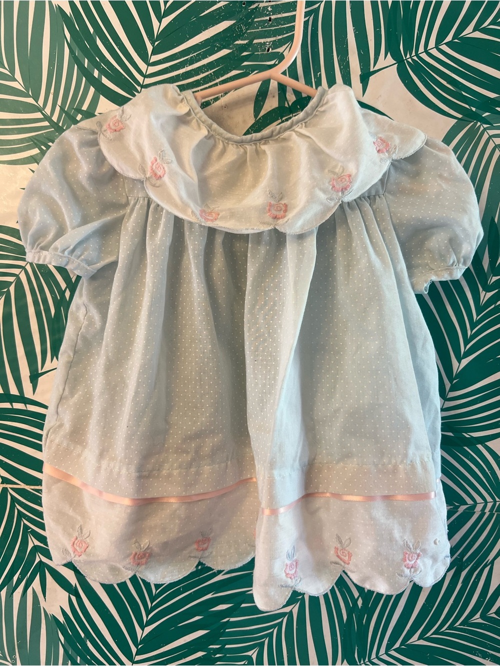 Vintage Classic Light Blue Embroidered Baby Dress by Polly Flinders 12 m